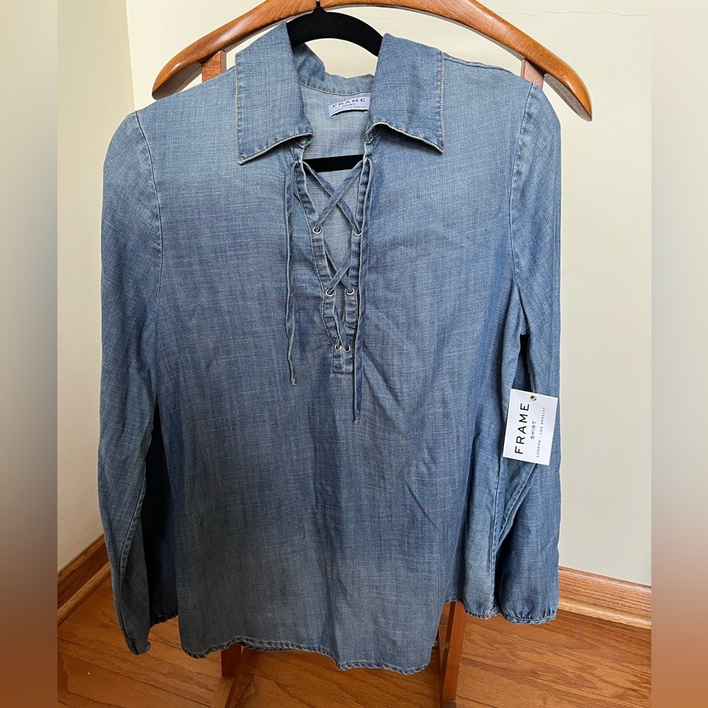 Frame Hadley Denim Le Lace up blouse.